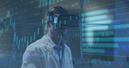 Exploring display by scientist wearing lab coat and vr headset in lab, with floating data charts