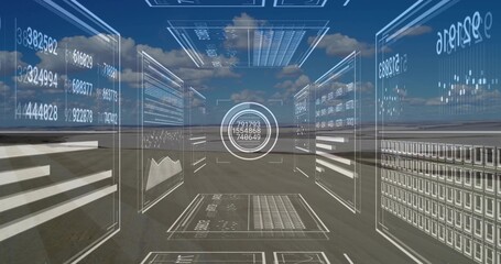 Floating holographic interface panels projecting numerical data over vast barren plain, with graphs