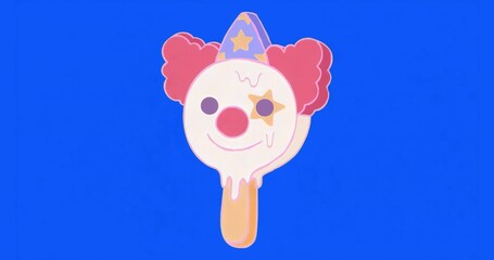 Dripping clown-faced melting ice cream popsicle against blue backdrop, with wooden stick detail