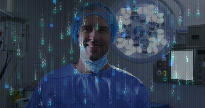Standing surgeon pulling mask down in blue scrubs under surgical lamp in OR, with binary overlay