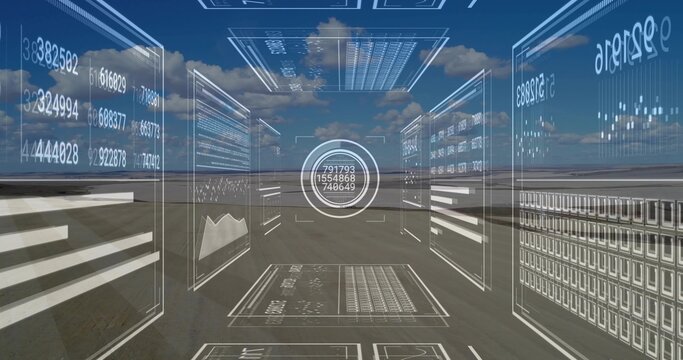 Floating holographic interface panels projecting numerical data over vast barren plain, with graphs