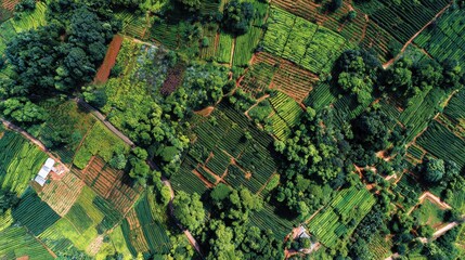 Fototapeta premium Aerial Perspective of Lush Green Terraced Farmland with Trees and Farm Buildings