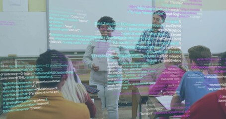 Gesturing female teacher guiding teenage boy presenting paper in classroom, with code overlay