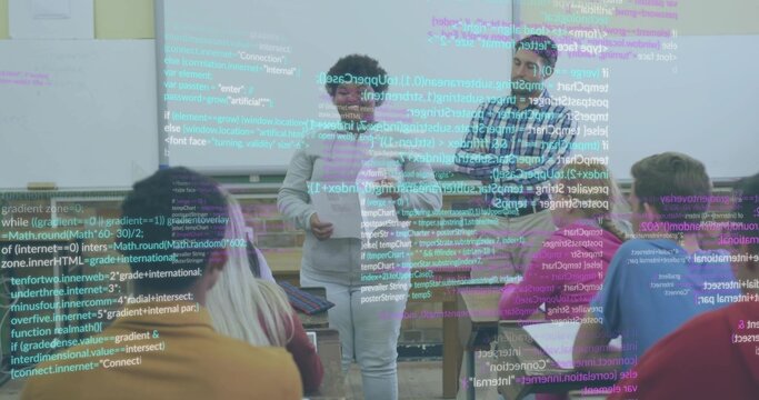 Gesturing female teacher guiding teenage boy presenting paper in classroom, with code overlay - Powered by Adobe