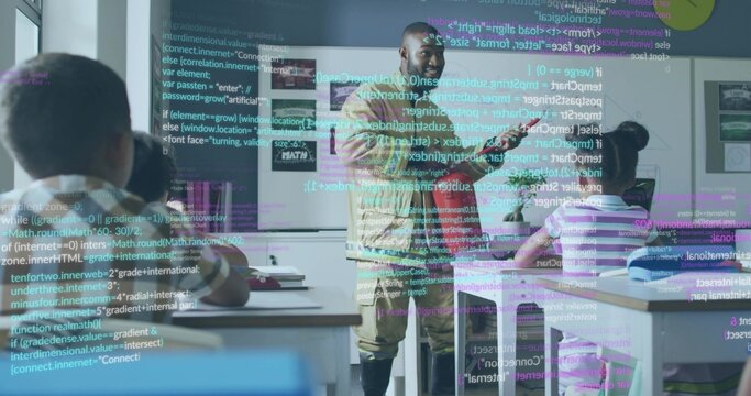 Teaching African American teacher gesturing with tablet in classroom, displaying code to students