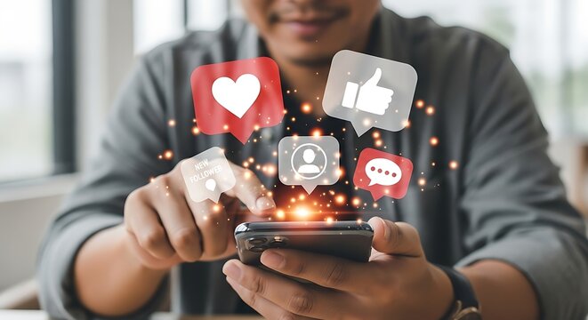 Person interacting with social media icons on a smartphone with a blurred background indoors view