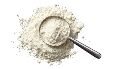 A metal scoop fills a pile of fine, pale powder on black