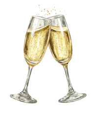 Two champagne glasses clinking, bubbly liquid, celebratory sparks