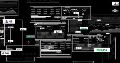Displaying digital analytics interface on screen, showing dashboard panels, code windows, icons