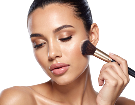 Beautiful Woman Applying Blush Powder, Front View, Isolated on Transparent Background