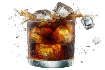 Refreshing dark soda with ice cubes splashing in a glass
