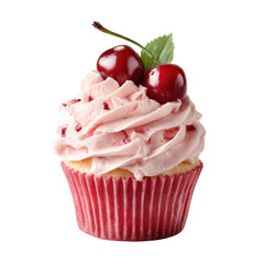 A pink frosted cupcake topped with cherries and a green leaf