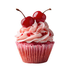 A sweet frosted cupcake crowned with two bright cherries, on black