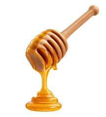 Golden honey dripping from a wooden dipper on a black background (1)