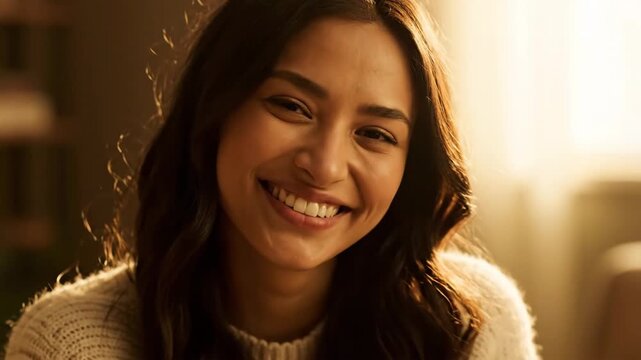 Close-up portrait of a radiant young woman smiling genuinely in warm light.