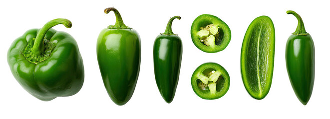 A variety of green peppers, including whole and sliced