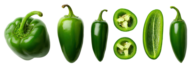 A variety of green peppers, including whole and sliced