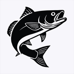Black and white illustration of leaping sport fish logo.