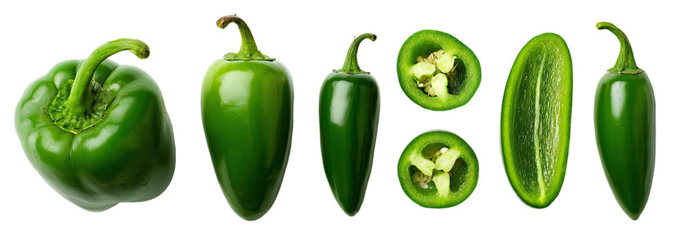 A variety of green peppers, including whole and sliced