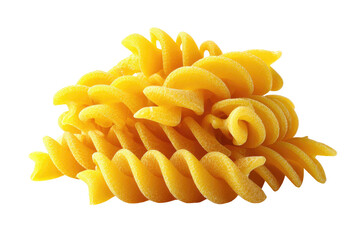 Golden spirals of dry pasta form a textured, twirling pile