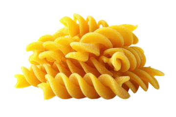 Golden spirals of dry pasta form a textured, twirling pile