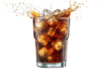 Refreshing bubbly brown beverage with ice cubes splashing upwards