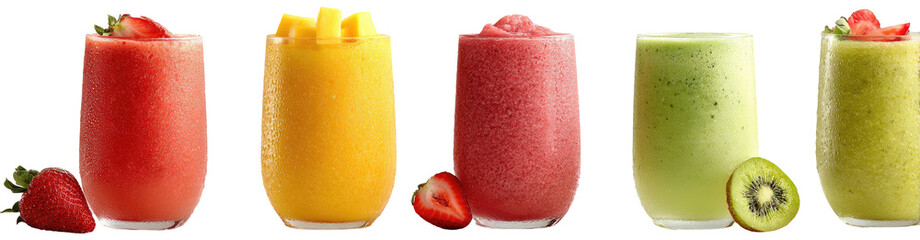 A vibrant collection of five colorful fruit drinks