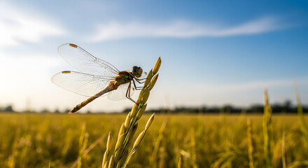 Dragonfly resting on a golden rice stalk at sunset