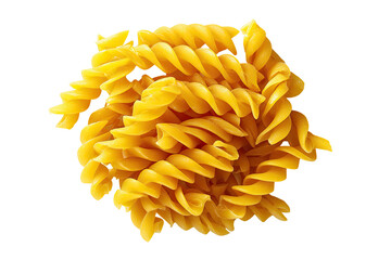 Swirled yellow spiral pasta, isolated against a black background