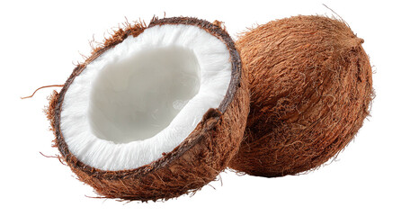A whole coconut and half a coconut revealing white flesh