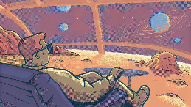 Cosmic Vacationer Relaxing on Alien Planet with Planetary View