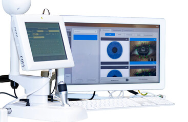 Modern ophthalmological equipment in doctor's office. Diagnosis of eye diseases. Concept: ophthalmology, vision health, eye diagnostics, medicine of the future. Isolated on a transparent background.