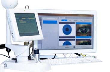 Modern ophthalmological equipment in doctor's office. Diagnosis of eye diseases. Concept: ophthalmology, vision health, eye diagnostics, medicine of the future. Isolated on a transparent background.