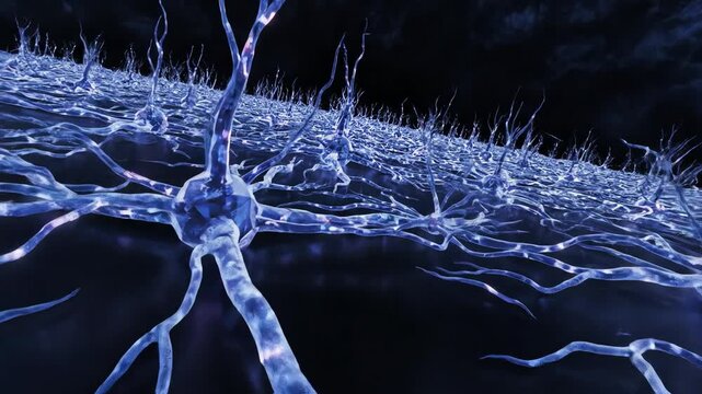 Neurons firing, their synaptic connections pivoting signals around fulcrum-like junctions, illustrating leverage in brain activity