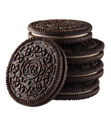 Stacked dark chocolate sandwich cookies with cream filling