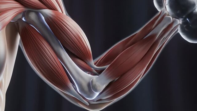 The human elbow joint working as a natural fulcrum, muscles and tendons contracting in slow motion as an arm lifts weight