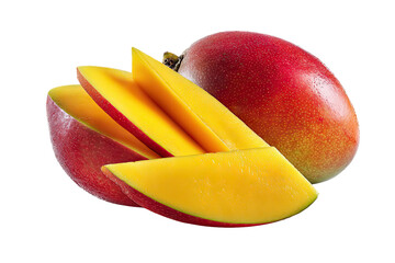 Ripe mangoes, one whole, one sliced, showing vibrant color