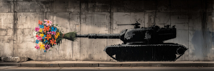 Close-up of a stencil mural of a black armored tank shooting out a colorful bouquet of flowers, symbolizing peace, hope, and the end of war through street art expression. Generative Ai.