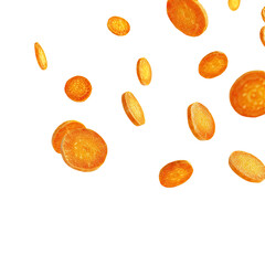 Sliced orange carrot pieces falling against a dark background
