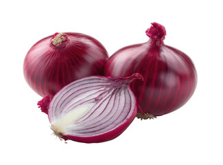 Red onions, one halved, on a dark background