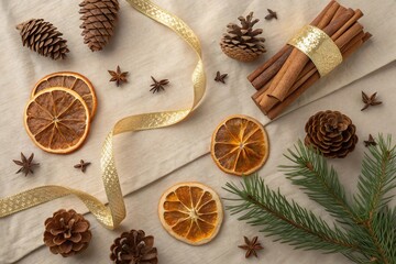 A festive Christmas decor arrangement with pinecones oranges and cinnamon