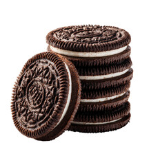 Stack of chocolate sandwich cookies with creamy white filling (1)