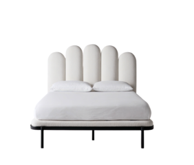 Modern bed with rounded headboard panels and neutral color palette