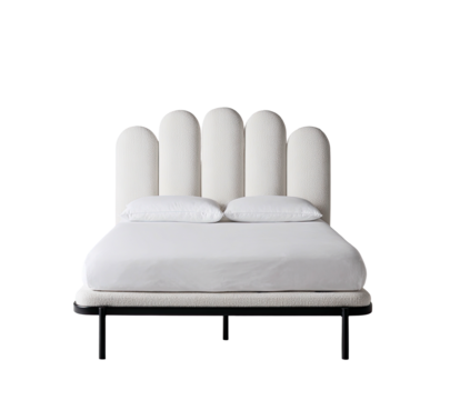 Modern bed with rounded headboard panels and neutral color palette