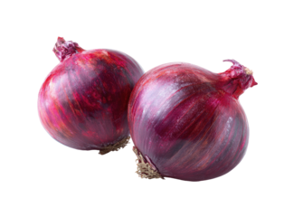 Two ripe red onions with dark purple skin and white interiors