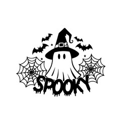 spooky season ghost with bats, stars and witch hat