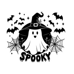 spookey season ghost with bats, star and witch hat