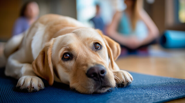 Retriever rests beside yoga mat during adaptive class, instructor guiding gentle poses, wellness, adaptive fitness, inclusion, calm, stretching, community, balance, mindful dog, wi