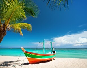 Colourful boat on sandy beach with palm