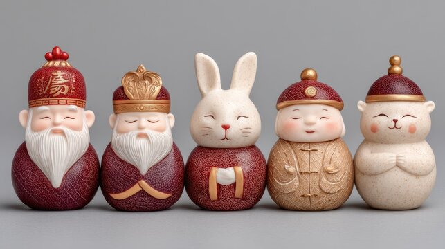 Row of Five Chinese New Year Figurines Featuring a Rabbit and Two Bearded Elders in Red and Gold Outfits Against a Neutral Gray Background